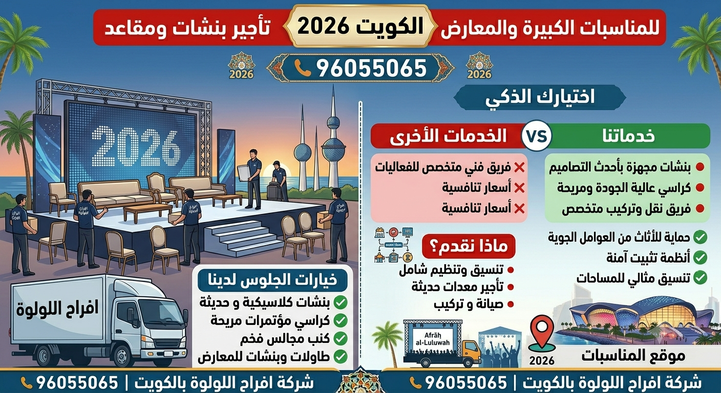 تأجير بنشات ومقاعد للمناسبات الكبيرة والمعارض في الكويت 2026 في شركة افراح اللولوة 96055065